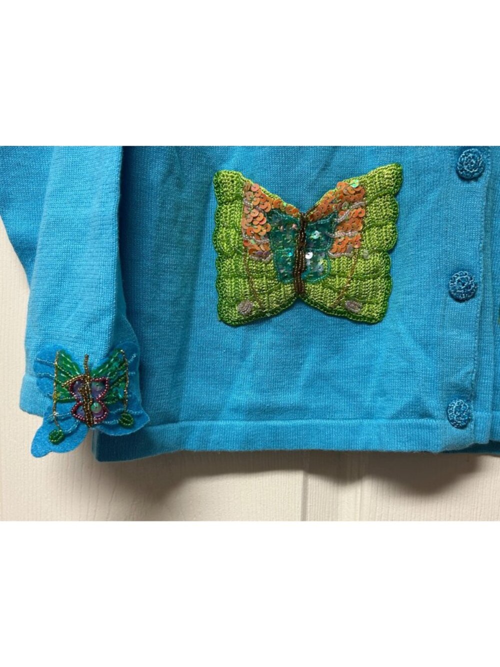Storybook Knits Butterfly Embellished Cardigan Blue Grandmacore Fairycore Sz Sm - Picture 5 of 9